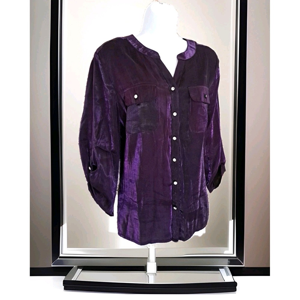 Elementz Blouse XL Purple Shimmer Roll Tab Sleeve Collarless‎ Button-Down Blingy